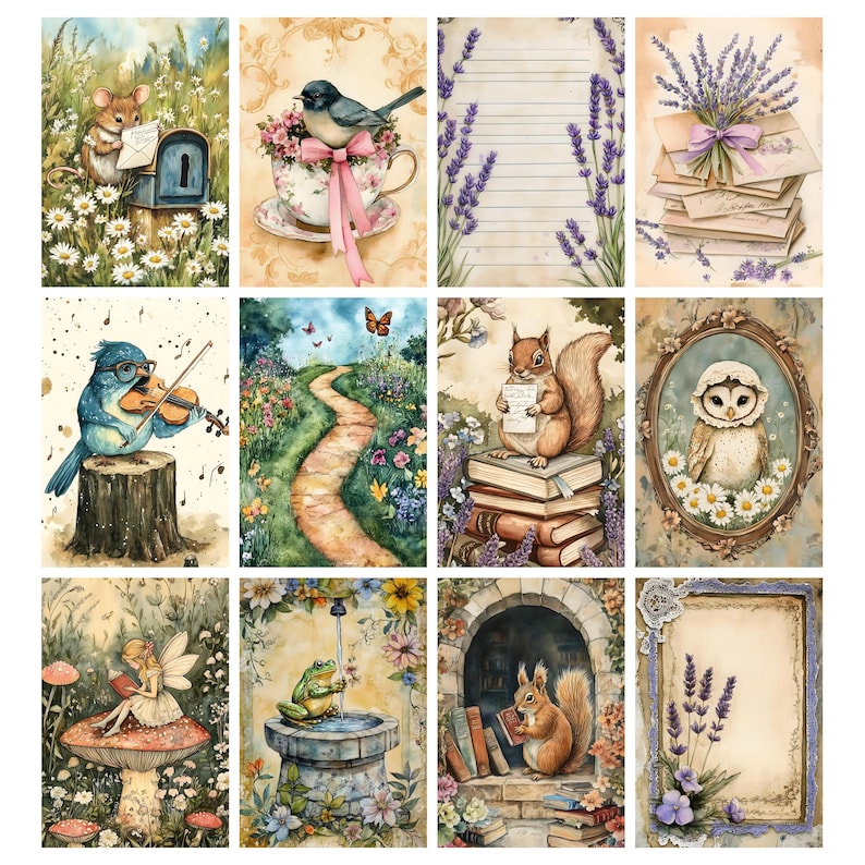 May include: A collection of watercolor illustrations featuring whimsical scenes. Includes a mouse with mail, a bird in a teacup, a path, a squirrel with books, and an owl in a frame. The color palette is soft with floral and nature elements.
