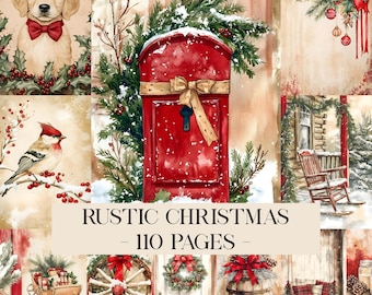 May include: A collage of watercolor illustrations with a rustic Christmas theme. Images include a golden retriever wearing a bow tie, a red mailbox, a bird, and other holiday elements. Text reads "RUSTIC CHRISTMAS - 110 PAGES".