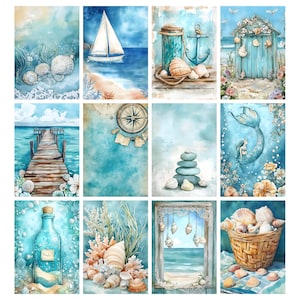 Op de afbeelding: Een verzameling aquarel illustraties met een kustthema. De afbeeldingen tonen schelpen, een zeilboot, een anker, een strandhut, een pier, een kompas, gestapelde stenen, een zeemeermin, een fles, koraal en een mand met schelpen.