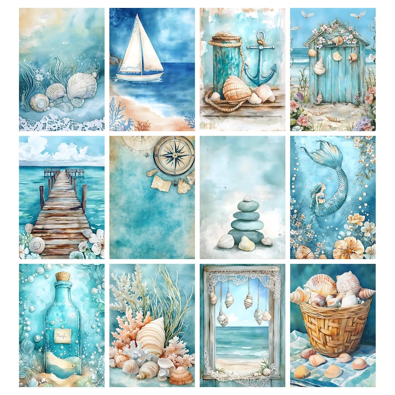 Op de afbeelding: Een verzameling aquarel illustraties met een kustthema. De afbeeldingen tonen schelpen, een zeilboot, een anker, een strandhut, een pier, een kompas, gestapelde stenen, een zeemeermin, een fles, koraal en een mand met schelpen.