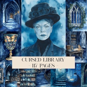 May include: Watercolor illustration with a blue and white color scheme. The image features a portrait of a woman wearing a hat, a decorative goblet, and scenes of a library. The text "CURSED LIBRARY - 117 PAGES -" is displayed.