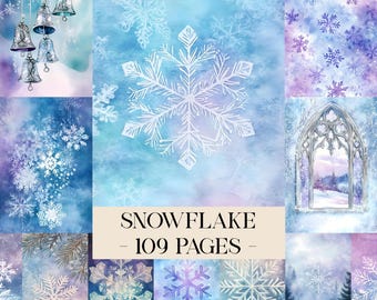 May include: A collage of winter-themed images with snowflakes and a watercolor effect. The images include a large white snowflake, a church window, and hanging bells. Text reads "SNOWFLAKE - 109 PAGES".