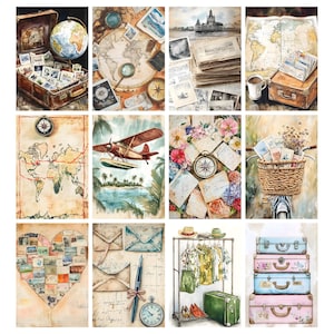 May include: A collage of watercolor illustrations featuring travel and vintage themes. Images include a suitcase with stamps, a globe, maps, a compass, an airplane, a bicycle with a basket, and a clothing rack with a green suitcase.