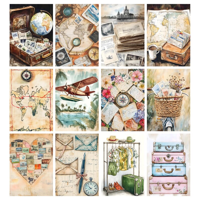 May include: A collage of watercolor illustrations featuring travel and vintage themes. Images include a suitcase with stamps, a globe, maps, a compass, an airplane, a bicycle with a basket, and a clothing rack with a green suitcase.