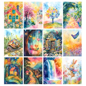 May include: A set of twelve watercolour paintings depicting fantastical landscapes. Each painting uses vibrant colours and shows scenes like houses, trees, waterfalls, and a rabbit. The artwork creates a sense of fantasy and nature.