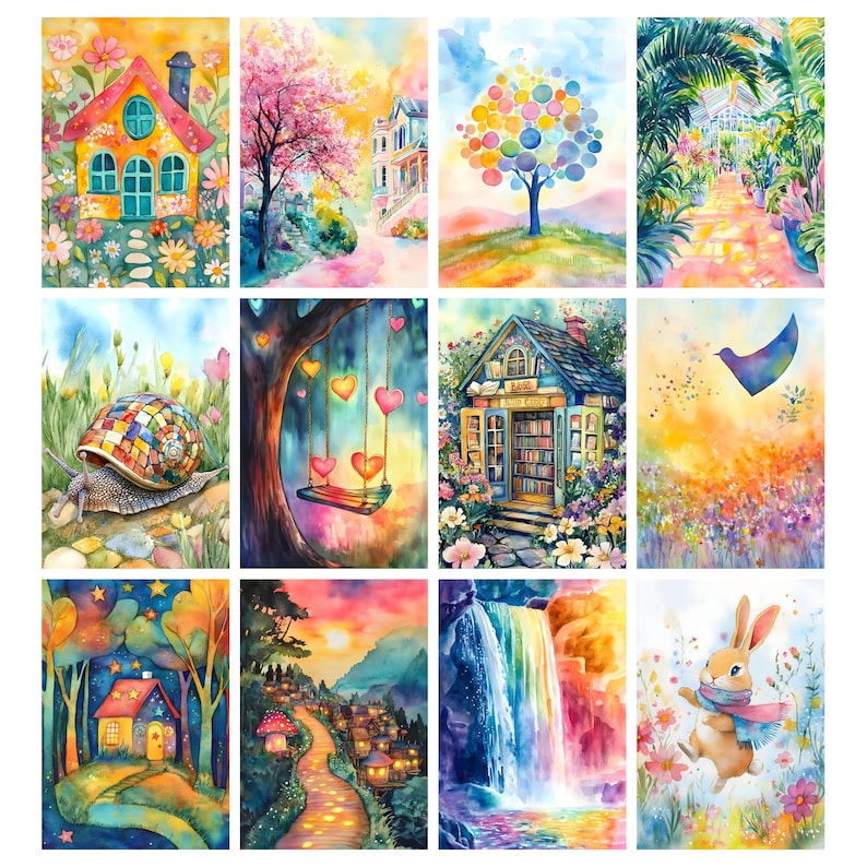 May include: A set of twelve watercolour paintings depicting fantastical landscapes. Each painting uses vibrant colours and shows scenes like houses, trees, waterfalls, and a rabbit. The artwork creates a sense of fantasy and nature.
