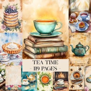 Può includere: Illustrazione ad acquerello a tema tea time. Presenta una tazza da tè turchese su una pila di libri, una torta di mirtilli e altre immagini legate al tè. È presente anche il testo "TEA TIME - 119 PAGES".