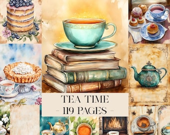 Tea Time Junk Journal Printable Kit Tea Party Digital Download Vintage Ephemera Grungy Collage Paper Scrapbook Papers Dessert Teacup Teapot