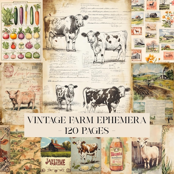 Vintage Farm Ephemera, Digital Collage Sheet, Printable Country Junk Journal Kit, Farm Life Scrapbook Papers, Printable Farm Animal Images