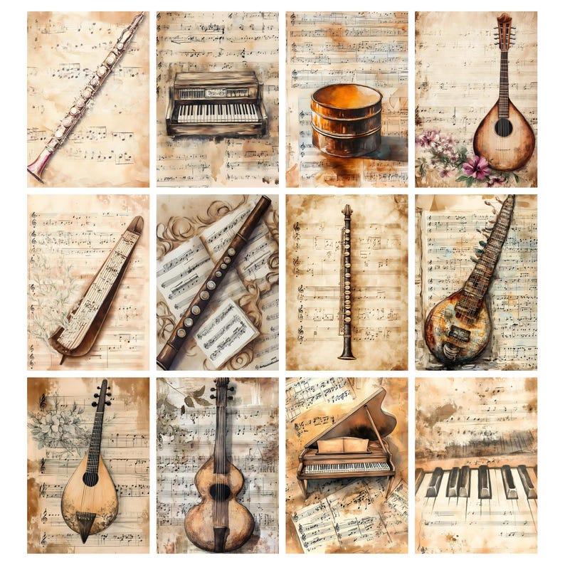 Vintage Music Junk Journal Pages, Musical Instruments Printable, Sheet ...