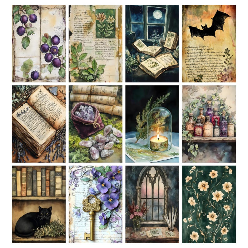 Pu&ograve; includere: Una collezione di stampe artistiche ad acquerello con illustrazioni botaniche, libri antichi, cristalli, candele e un gatto nero. Le stampe hanno un'estetica dark academia e witchy, con un focus sulla natura e temi mistici.