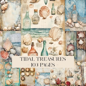 May include: A collage of vintage-style illustrations featuring seashells, antique bottles, and nautical maps. The text "TIDAL TREASURES - 103 PAGES" is displayed on a cream-colored banner. The artwork has a watercolor aesthetic with a muted color palette.