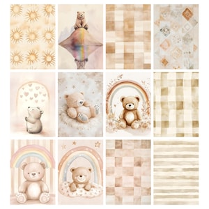May include: A collection of watercolor illustrations featuring teddy bears, rainbows, and suns in soft, neutral tones. The images include various backgrounds, such as checkered patterns and striped designs, suitable for nursery decor or children's crafts.