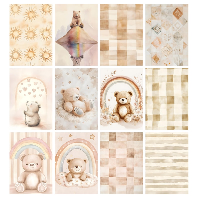 May include: A collection of watercolor illustrations featuring teddy bears, rainbows, and suns in soft, neutral tones. The images include various backgrounds, such as checkered patterns and striped designs, suitable for nursery decor or children's crafts.