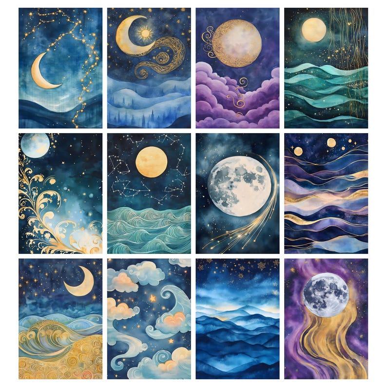 Celestial Night Sky Digital Papers, Moon Junk Journal Pages, Cosmic ...
