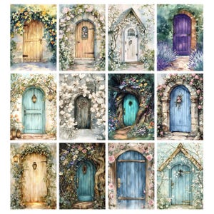 May include: A collection of twelve watercolor paintings featuring arched doors in various colors and styles. Each door is surrounded by lush floral arrangements and foliage, creating a whimsical and inviting aesthetic. The doors range from rustic wooden designs to elegant stone structures.