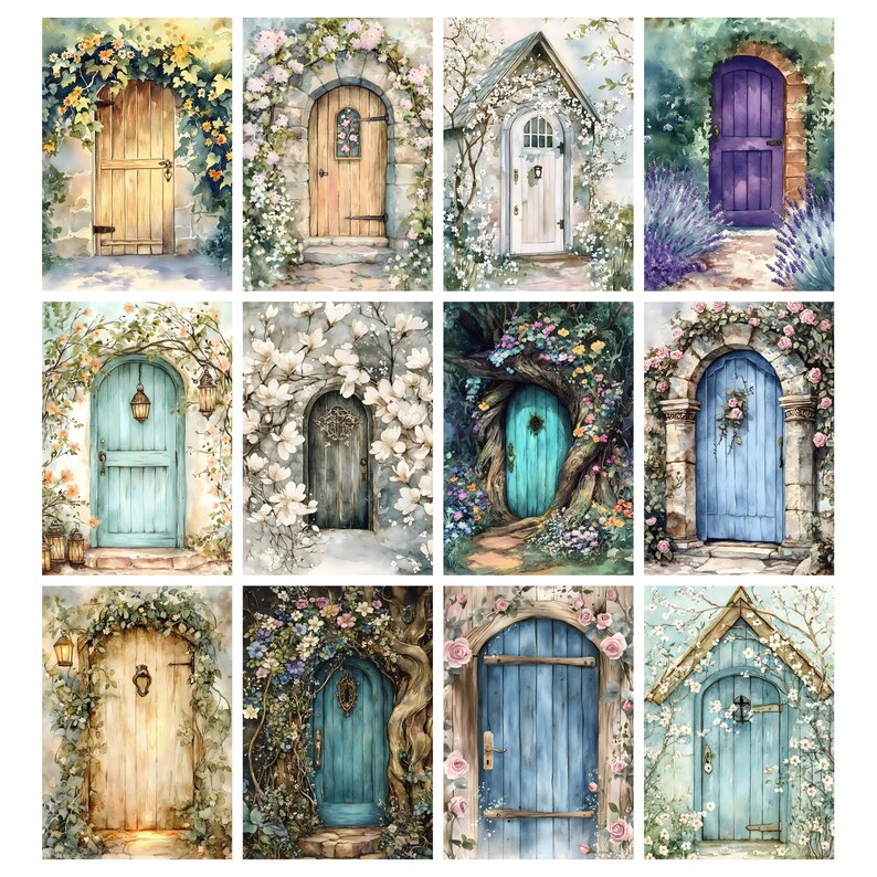 May include: A collection of twelve watercolor paintings featuring arched doors in various colors and styles. Each door is surrounded by lush floral arrangements and foliage, creating a whimsical and inviting aesthetic. The doors range from rustic wooden designs to elegant stone structures.