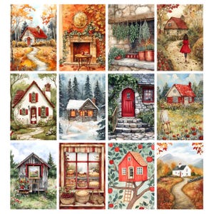 May include: A collection of watercolor paintings featuring cozy cottages and autumn landscapes. Each painting showcases a different scene, including houses with red roofs, snowy settings, and charming details like a treehouse and a stone doorway.