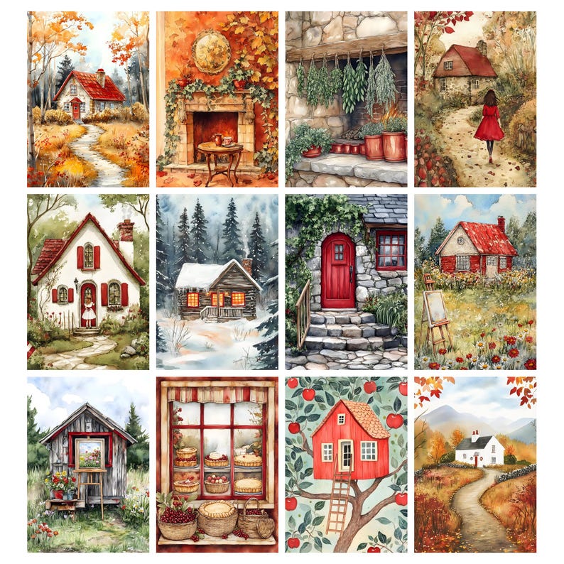 May include: A collection of watercolor paintings featuring cozy cottages and autumn landscapes. Each painting showcases a different scene, including houses with red roofs, snowy settings, and charming details like a treehouse and a stone doorway.