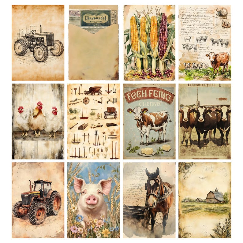 Vintage bondgårds-ephemera, digitalt collageark, utskrivbart skräpjournalkit för lantlig användning, scrapbook-papper för bondgårdsliv, utskrivbara bilder på bondgårdsdjur bild 5