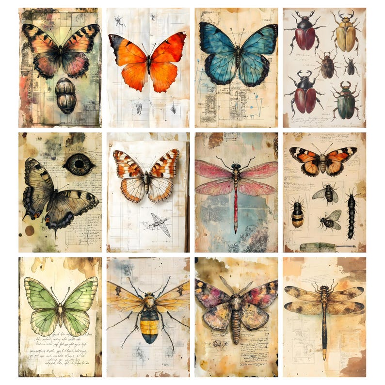 May include: A collection of vintage-style prints featuring watercolor illustrations of various insects, including butterflies, beetles, and dragonflies. The artwork showcases detailed depictions with a focus on natural history and entomology, set against aged paper backgrounds.