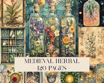 Medieval Herbal Journal Pages, Botanical Digital Paper, Apothecary Ephemera, Vintage Herbal Scrapbook, Herbal Grimoire, Vintage Herb Garden