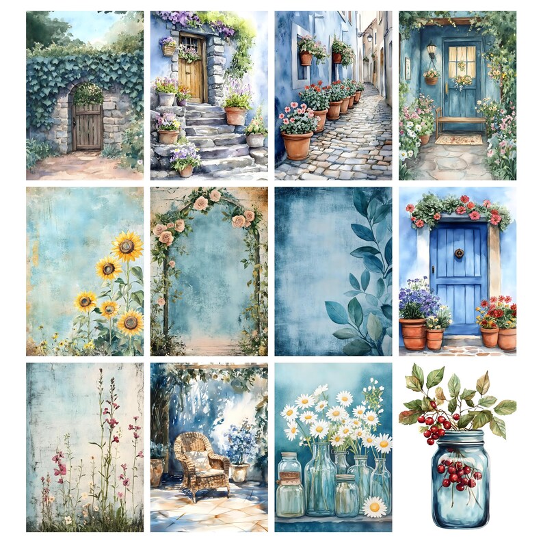 May include: A collection of watercolor paintings featuring serene garden scenes. The images depict charming doorways, floral arrangements, and rustic architectural elements in soft blues, greens, and yellows. The artwork evokes a sense of tranquility and natural beauty.