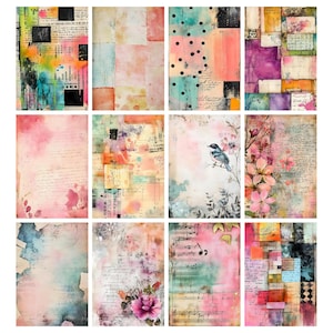 May include: A collection of twelve mixed media art prints. Each print features a unique collage of watercolor washes, vintage ephemera, and handwritten text. Colors include pink, blue, orange, and green. Some prints feature floral and bird motifs, while others have musical notes.