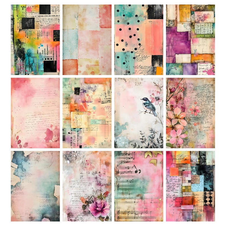 May include: A collection of twelve mixed media art prints. Each print features a unique collage of watercolor washes, vintage ephemera, and handwritten text. Colors include pink, blue, orange, and green. Some prints feature floral and bird motifs, while others have musical notes.