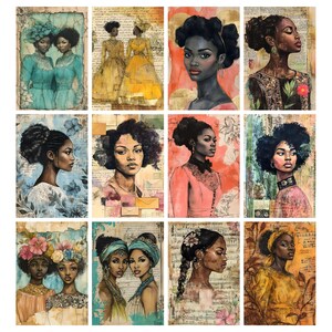 May include: A collection of twelve watercolor portraits of Black women. The portraits feature women with various hairstyles and attire, set against backgrounds of vintage paper and floral patterns. The color palette includes blues, yellows, and pinks.