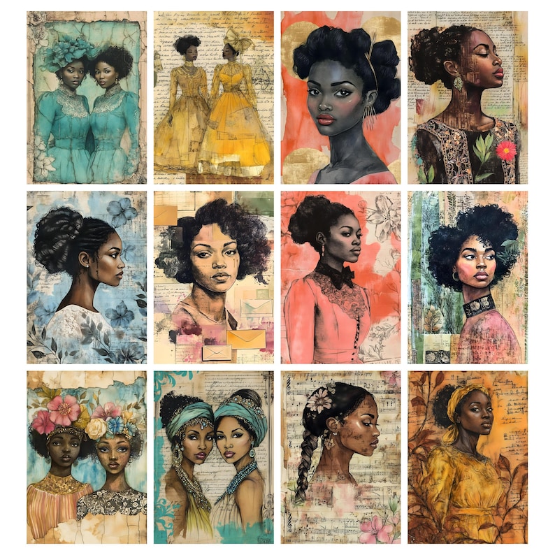 May include: A collection of twelve watercolor portraits of Black women. The portraits feature women with various hairstyles and attire, set against backgrounds of vintage paper and floral patterns. The color palette includes blues, yellows, and pinks.