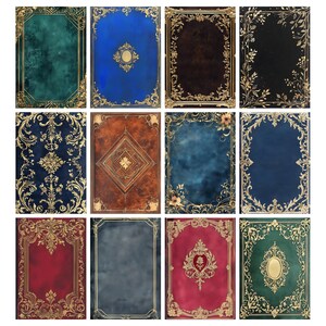 Puede incluir: Una colecci&oacute;n de doce cubiertas de libros decorativas con marcos y adornos dorados. Las cubiertas presentan varios colores, incluyendo verde azulado, azul, marr&oacute;n, negro y rojo, con patrones y dise&ntilde;os intrincados. Las cubiertas son rectangulares.