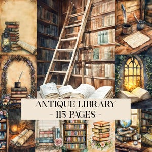 May include: Watercolor illustration of an antique library with bookshelves, a wooden ladder, and open books. The image includes text that reads "ANTIQUE LIBRARY - 115 PAGES". The color palette is warm, with browns and yellows.