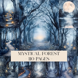 May include: A collection of watercolor paintings depicting mystical forest scenes. The images feature winding paths, glowing lanterns, and a full moon. The text "MYSTICAL FOREST - 110 PAGES" is displayed on a beige banner.