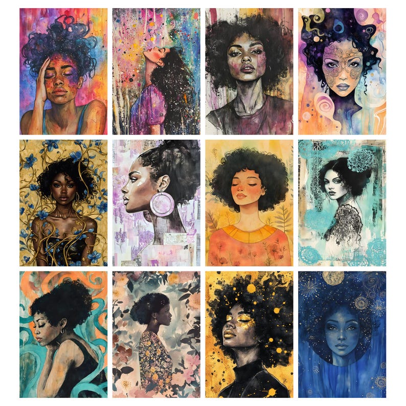 May include: A collection of twelve watercolor portraits of women with dark skin and curly hair. Each portrait features a different woman with unique facial features, hairstyles, and expressions. The color palettes vary, with vibrant hues and soft pastels.