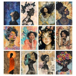 May include: A collection of twelve watercolor portraits of Black women. Each portrait features a different woman with unique hairstyles, floral accents, and artistic styles. The color palettes vary, with some portraits showcasing vibrant hues and others using more muted tones.