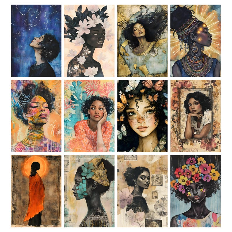 May include: A collection of twelve watercolor portraits of Black women. Each portrait features a different woman with unique hairstyles, floral accents, and artistic styles. The color palettes vary, with some portraits showcasing vibrant hues and others using more muted tones.