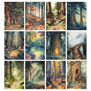May include: A collection of twelve watercolor paintings depicting various forest scenes. Each painting showcases detailed trees, pathways, and natural elements, with a focus on vibrant colors and atmospheric lighting. The artwork evokes a sense of fantasy and nature.