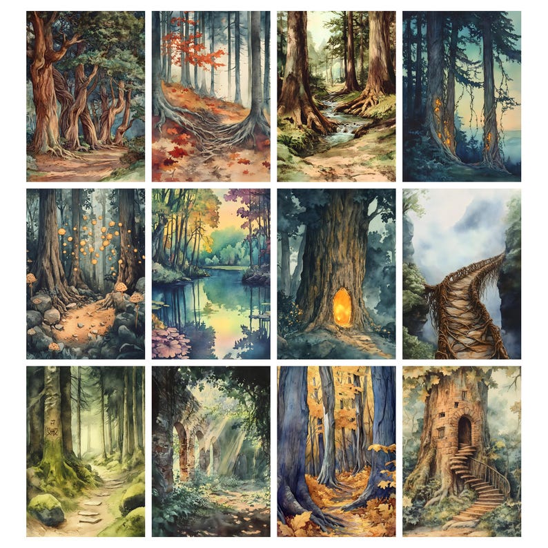May include: A collection of twelve watercolor paintings depicting various forest scenes. Each painting showcases detailed trees, pathways, and natural elements, with a focus on vibrant colors and atmospheric lighting. The artwork evokes a sense of fantasy and nature.