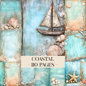 Op de afbeelding: Digitaal papierpakket met een kustthema, bestaande uit 110 pagina's. Het ontwerp bevat een zeilboot, schelpen en koraal tegen een achtergrond van blauwe en turquoise aquareltexturen. De tekst "COASTAL - 110 PAGES" staat op een beige banner.