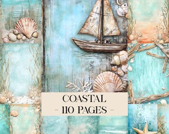 Coastal Junk Journal Pages, Blue Ocean Digital Papers, Seaside Junk Journal Kit, Coastal Journal, Ocean Ephemera, Seashells Scrapbook Papers