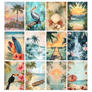 May include: A collection of twelve rectangular wall art prints featuring tropical coastal scenes, including a bicycle with flowers, a pelican, seashells, sailboats, a wooden pier, a waterfall, a toucan, a canoe, and beach umbrellas with hibiscus.