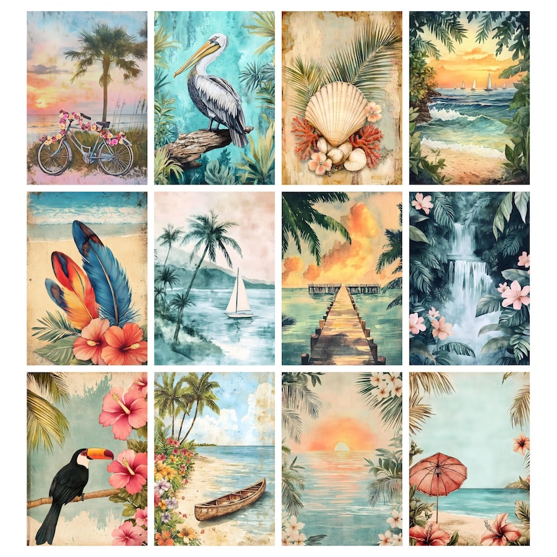 May include: A collection of twelve rectangular wall art prints featuring tropical coastal scenes, including a bicycle with flowers, a pelican, seashells, sailboats, a wooden pier, a waterfall, a toucan, a canoe, and beach umbrellas with hibiscus.