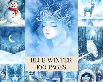 May include: A collection of watercolor illustrations with a winter theme. The images feature a snowman, a deer, an owl, a moon, and a woman with a crown. The text "BLUE WINTER - 100 PAGES -" is displayed in a tan rectangle.