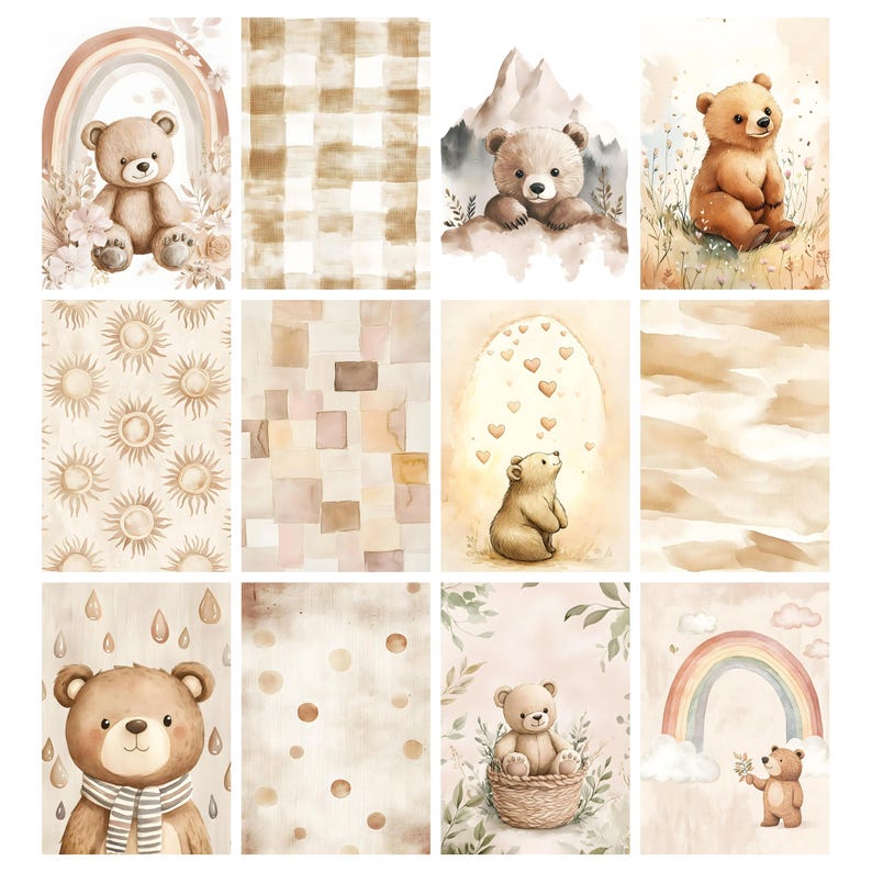 May include: A collection of watercolor illustrations featuring teddy bears and various background patterns. The images include a bear with a rainbow, a bear in a basket, and bears in different settings. The color palette is soft and warm, with shades of brown and beige.