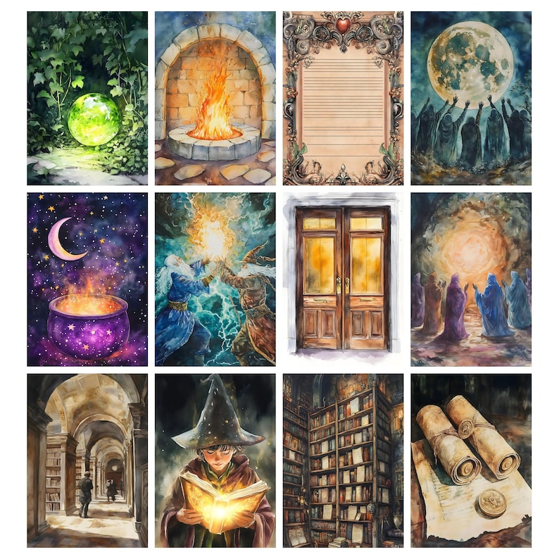 May include: A collection of watercolor paintings featuring fantasy and magical themes. Scenes include a glowing orb in foliage, a fireplace, a full moon with figures, a cauldron, wizards, a door, a library, and scrolls.