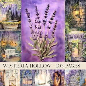 Glyzinien Junk Journal Seiten Kit, Vintage botanische Ephemera, Scrapbook Papier, Cottagecore Märchen Seite, digitales Papier