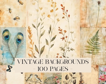 May include: A collection of vintage-style backgrounds featuring botanical and insect illustrations. The image includes peacock feathers, bees, butterflies, and floral elements. The text "VINTAGE BACKGROUNDS - 100 PAGES" is displayed across the centre.