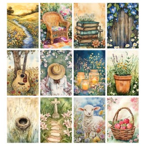 K&ouml;nnte beinhalten: Eine Sammlung von Aquarellmalereien mit pastoralen Szenen. Zu den Bildern geh&ouml;ren ein Bach, ein Korbstuhl, ein Stapel B&uuml;cher, ein Holzzaun mit Blumen, eine Gitarre, eine Person mit Hut, Gl&auml;ser mit Kerzen, ein Blumentopf, ein Vogelnest, ein Kreuz, ein Lamm und ein Korb mit &Auml;pfeln.