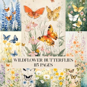 May include: A collage of watercolor illustrations featuring butterflies and wildflowers in various settings. The text "WILDFLOWER BUTTERFLIES - 115 PAGES -" is displayed across the center. The images showcase a variety of butterfly species.